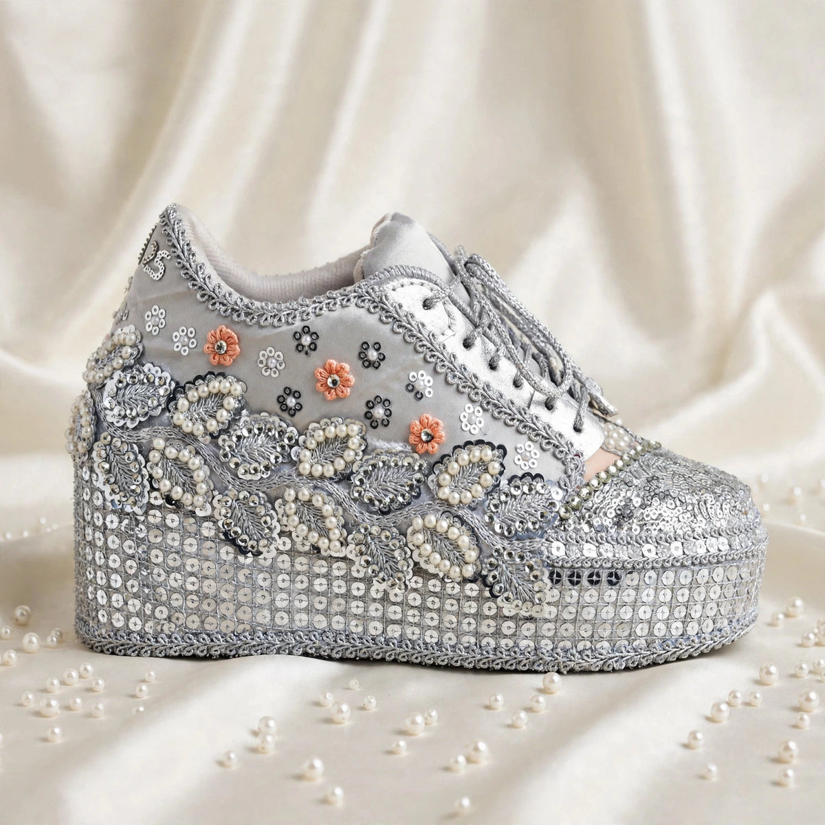 FUNKY N TRENDY Silver Mirror sequine work sneakers - wedge sneakers heeled sneakers/ silver sneakers