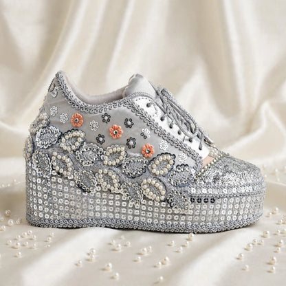 FUNKY N TRENDY Silver Mirror sequine work sneakers - wedge sneakers heeled sneakers/ silver sneakers