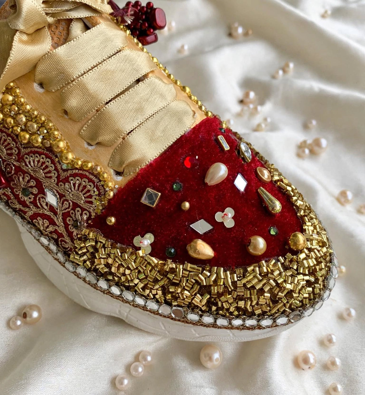 FUNKY N TRENDY maroon and gold sneakers with mirror detailing for brides /bridesmaids / sneakers for bridesmaids/ handcrafted sneakers/ maroon sneakers / bridal sneakers / bridesmaid sneakers/ maroon shoes