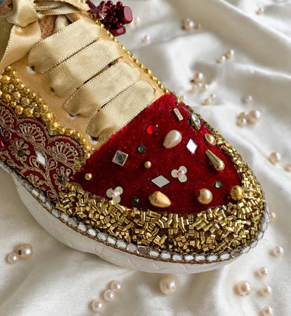 FUNKY N TRENDY maroon and gold sneakers with mirror detailing for brides /bridesmaids / sneakers for bridesmaids/ handcrafted sneakers/ maroon sneakers / bridal sneakers / bridesmaid sneakers/ maroon shoes