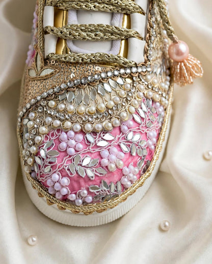 FUNKY N TRENDY baby pink and gold sneakers for brides / bridesmaids/ pink sneakers / baby pink sneakers / bridal sneakers / bridesmaid sneakers/ golden hand work sneakers/ pink shoes with custom name initials