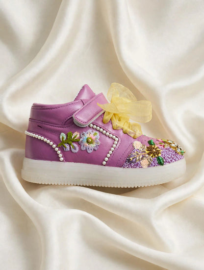 Funky N Trendy purple pink embroidery sneakers/kids sneakers/ embroidery shoes / kids shoes/ purple sneakers / purple shoes for kids/handmade sneakers for kids