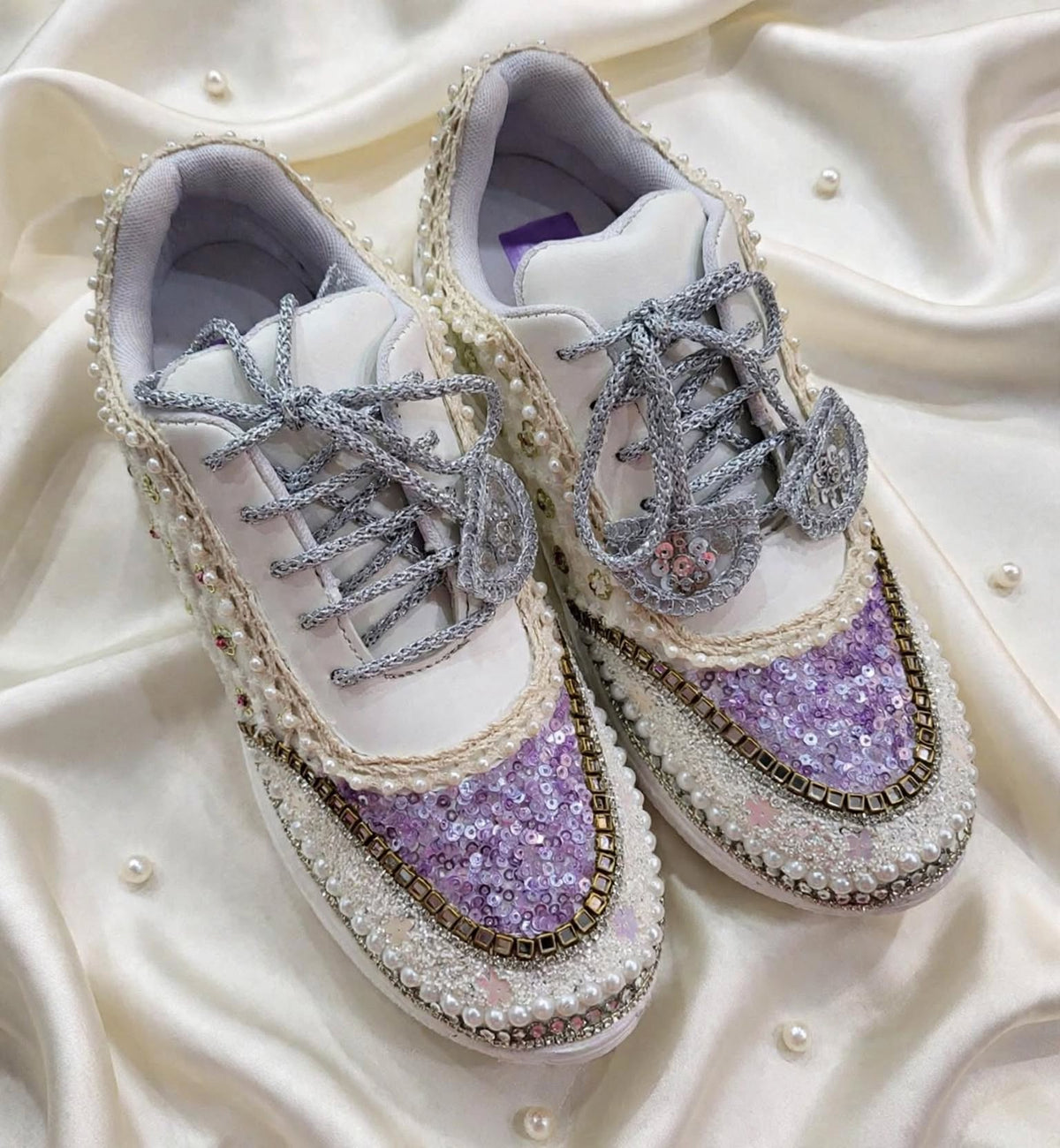 Funky N Trendy ivory and purple embroidery work bridal sneakers/ bridesmaid sneaker / lavender sneakers/ lilac sneakers / sequine work sneakers/ purple shoes/ silver sneakers