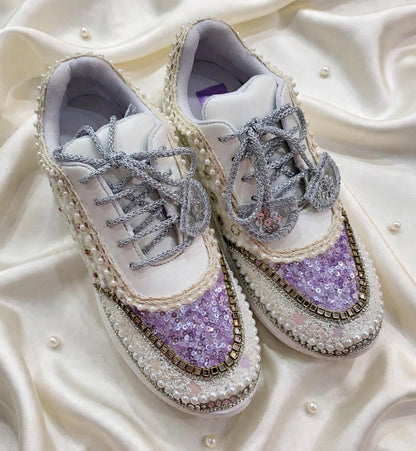 Funky N Trendy ivory and purple embroidery work bridal sneakers/ bridesmaid sneaker / lavender sneakers/ lilac sneakers / sequine work sneakers/ purple shoes/ silver sneakers