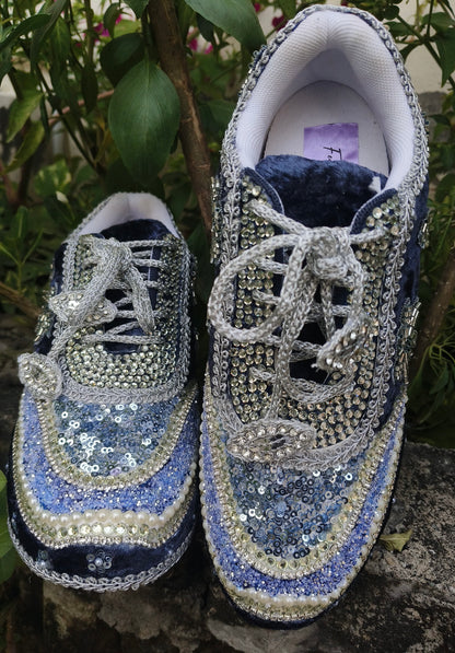 Midnight Blue Velvet Bridal Sneakers with Silver Cutdana & Crystal Embellishments
