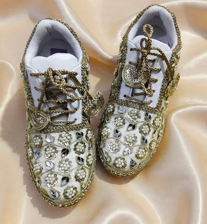 Mirror leaves Pearl blossom Dull gold/ beige Bridal Sneakers – Floral Embroidery” / gold sneakers /ivory sneakers/peach sneakers