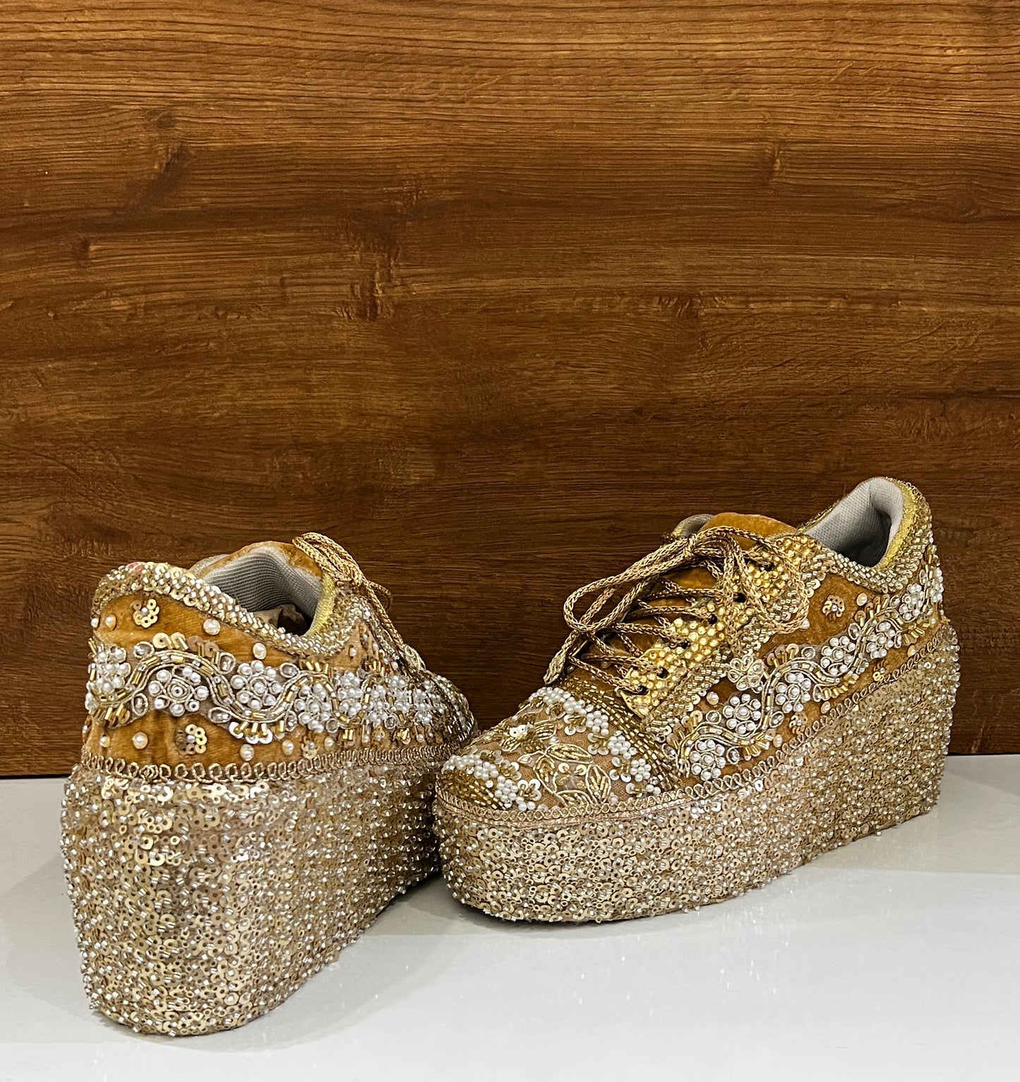 FUNKY N TRENDY Gold Heavy Embroidered bridal sneakers - wedge sneakers heeled sneakers/ golden sneakers