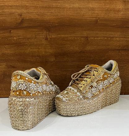 FUNKY N TRENDY Gold Heavy Embroidered bridal sneakers - wedge sneakers heeled sneakers/ golden sneakers