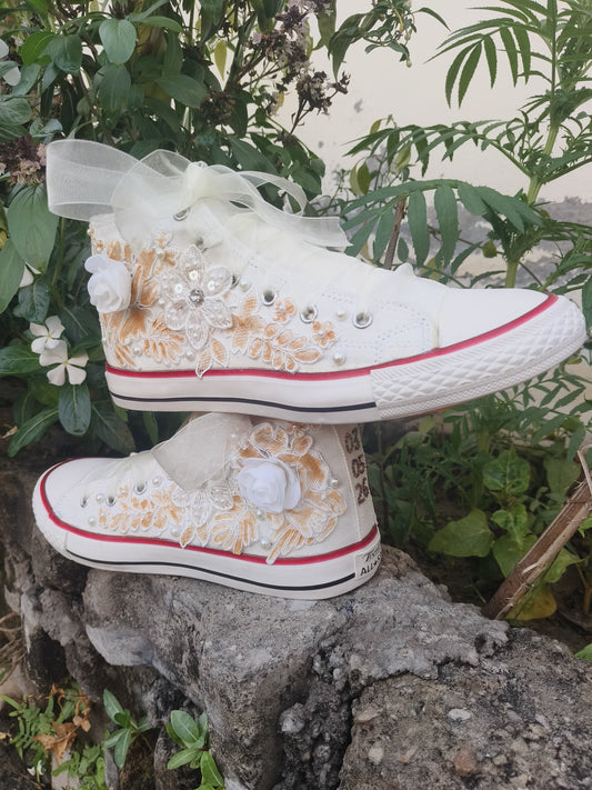 Customized Bridal Sneakers with Name initials / wedding date– Wedding Shoes for Bride/ white floral sneakers