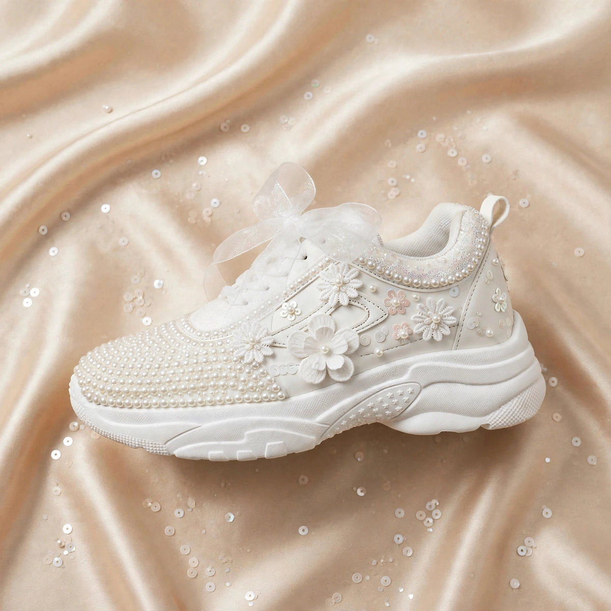PEARL BLOOM - White Pearl Bridal Sneakers with 3D Floral Appliqué & Organza Ribbon Bows | Luxury Wedding Sneakers for Bride
