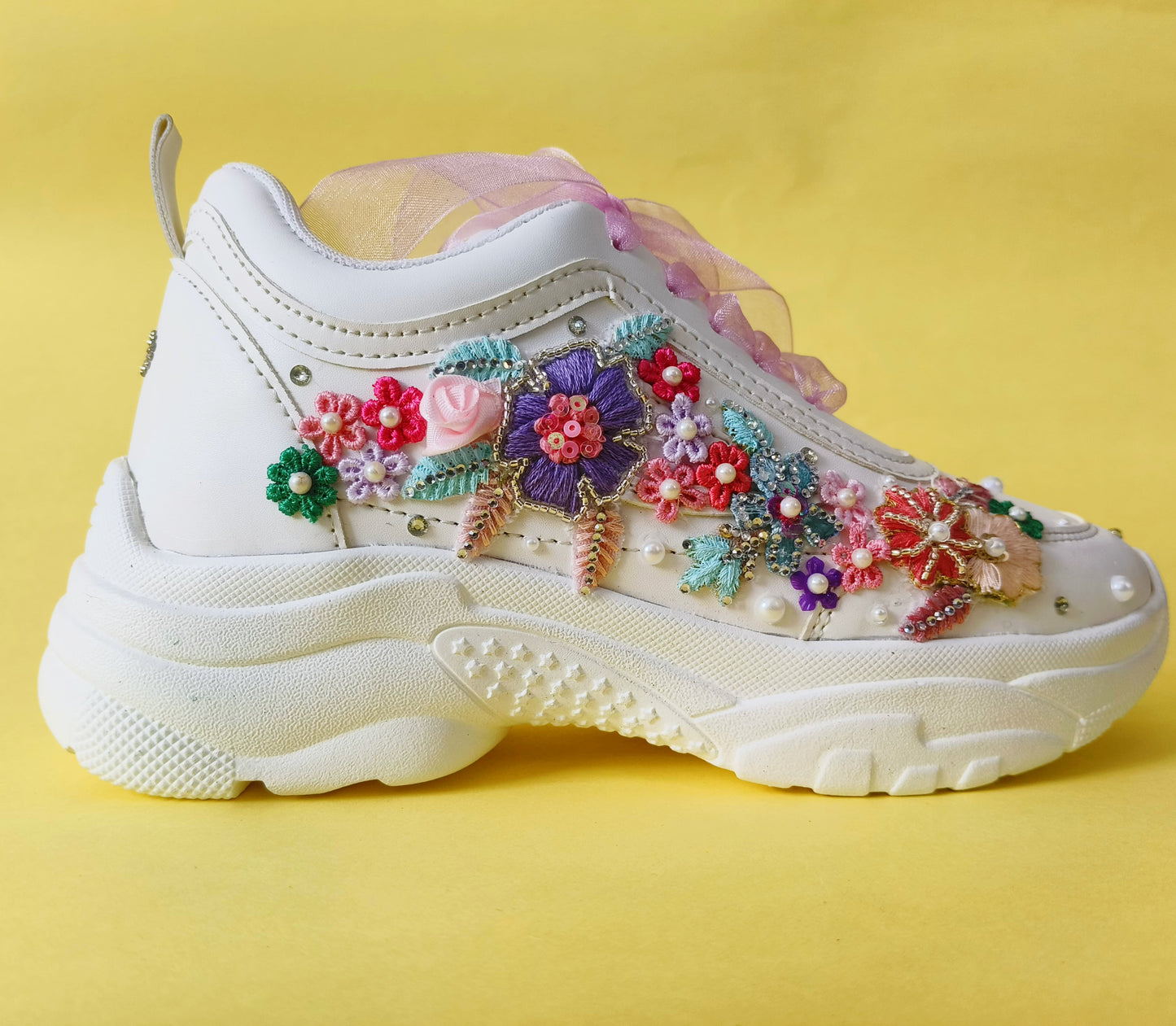 FUNKY N TRENDY “Pastel Garden Handcrafted Sneakers – Floral Magic” with customized wedding date / name initials