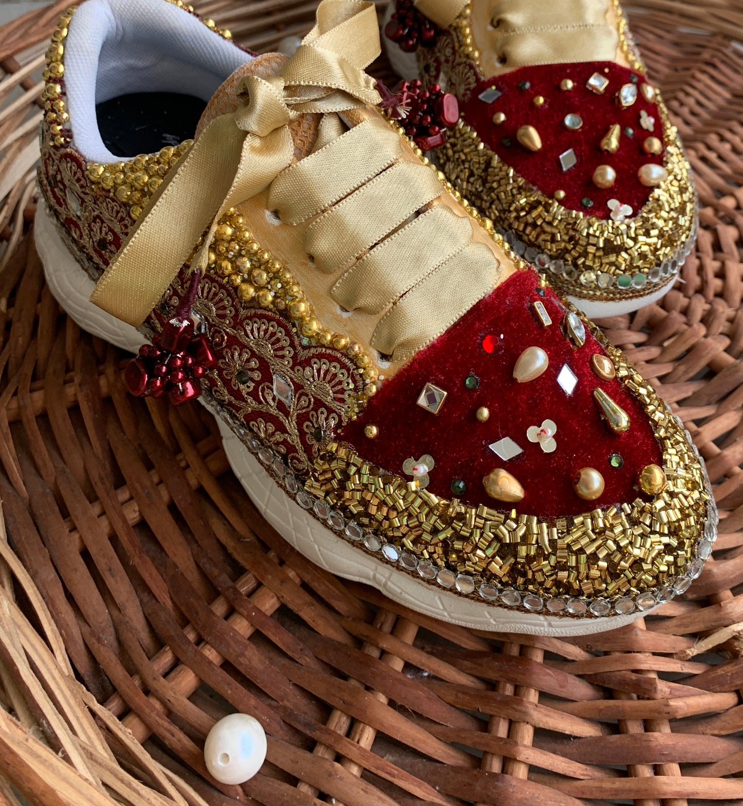 FUNKY N TRENDY maroon and gold sneakers with mirror detailing for brides /bridesmaids / sneakers for bridesmaids/ handcrafted sneakers/ maroon sneakers / bridal sneakers / bridesmaid sneakers/ maroon shoes