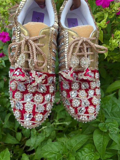 Funky N Trendy handcrafted hand embroidered mirror work bridal sneakers/ bridesmaid sneaker / Rani sneakers /Magenta sneakers/ mirror shoes / women shoes