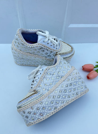 Handcrafted Bridal Sneakers for Brides – Wedding Shoes | Funky N Trendy | Ivory wedges | ivory sneakers