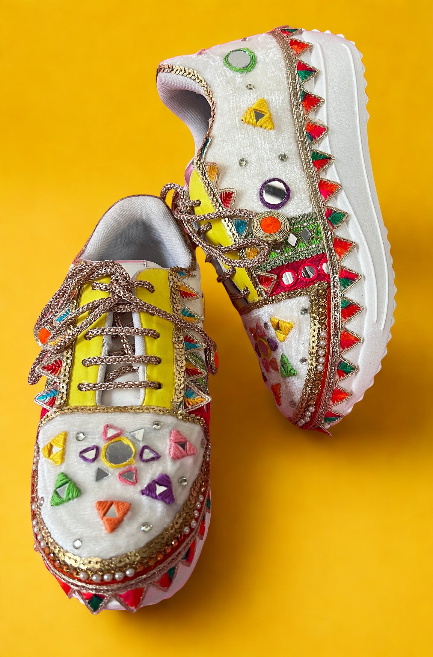 FUNKY N TRENDY “Yellow neon mirror work Handcrafted Sneakers – Mirror Magic”