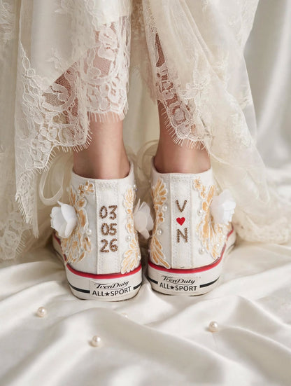 Customized Bridal Sneakers with Name initials / wedding date– Wedding Shoes for Bride/ white floral sneakers