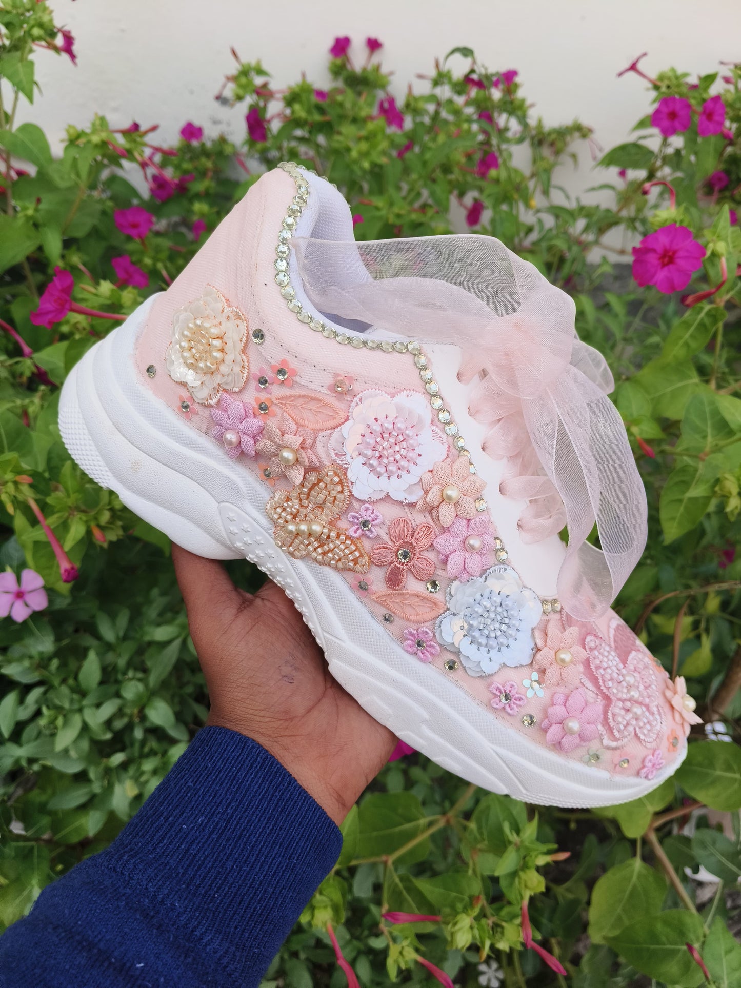FUNKY N TRENDY peach/white/ blue floral butterfly theme sneakers with pearls detailing for brides / bridesmaids with custom couple name initials/ pink shoes / peach shoes