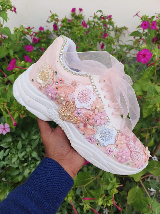 FUNKY N TRENDY peach/white/ blue floral butterfly theme sneakers with pearls detailing for brides / bridesmaids with custom couple name initials/ pink shoes / peach shoes