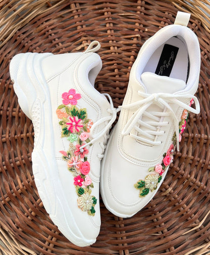 FUNKY N TRENDY hand embroidered floral work sneakers/ white sneakers /bridal shoes bridal sneakers minimal sneakers/ bridesmaid sneakers