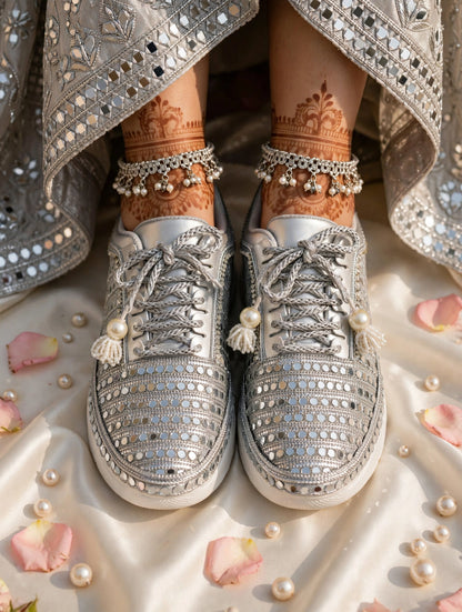 FUNKY N TRENDY Silver mirror hand work sneakers for brides / bridesmaids/ silver sneakers / silver mirror sneakers / silver shoes/ mirrror shoes