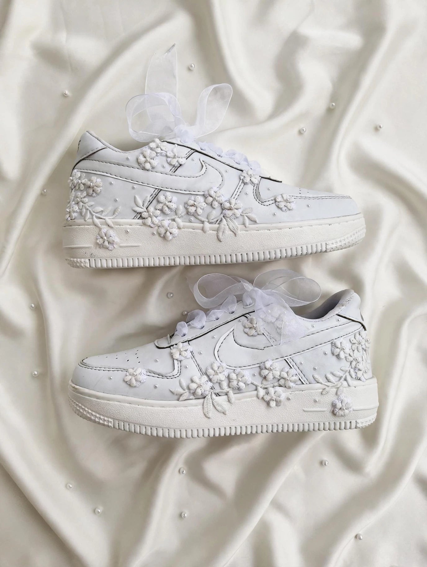 Bridal Floral Lace Sneakers | Custom White Wedding Sneakers with Pearl Embellishments