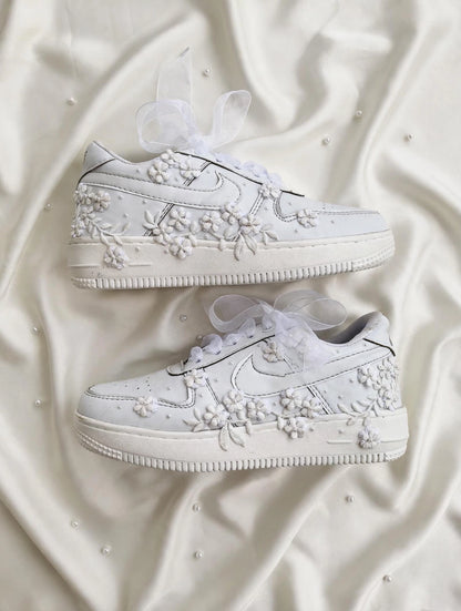 Bridal Floral Lace Sneakers | Custom White Wedding Sneakers with Pearl Embellishments