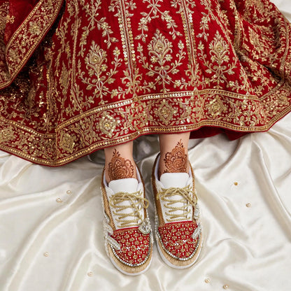 Red & Gold Sequin Bridal Sneakers | Pearl Embellished Wedding Sneakers