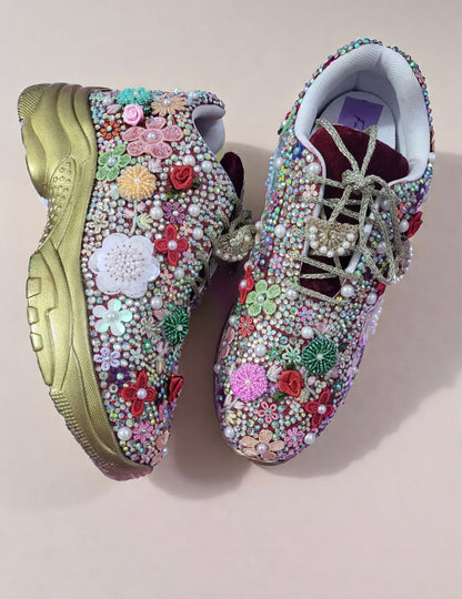 FUNKY N TRENDY fully hand crafted floral work with beads rhinestones cutdana sneakers / flower shoes / gold sneakers / red sneakers / maroon sneakers / multi colored sneakers