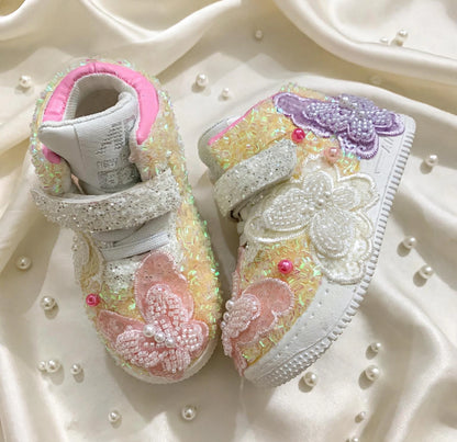 Funky N Trendy purple pink butterfly sneakers with custom name and date of birth detailing/kids sneakers/ butterfly shoes / kids shoes/ purple sneakers / purple shoes for kids/handmade sneakers for kids
