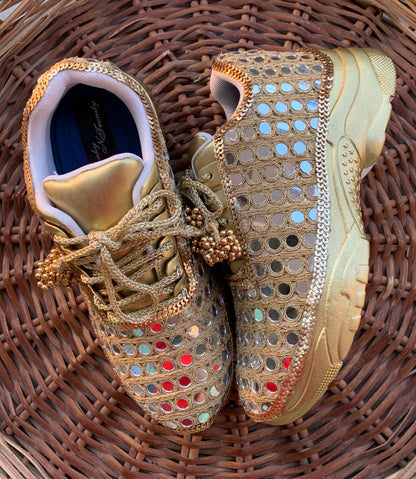 FUNKY N TRENDY gold mirror heeled sneakers for brides /bridesmaids / sneakers for bridesmaids/ handcrafted sneakers/ mirror sneakers / bridal sneakers / bridesmaid sneakers/ gold sneakers / mirror shoes