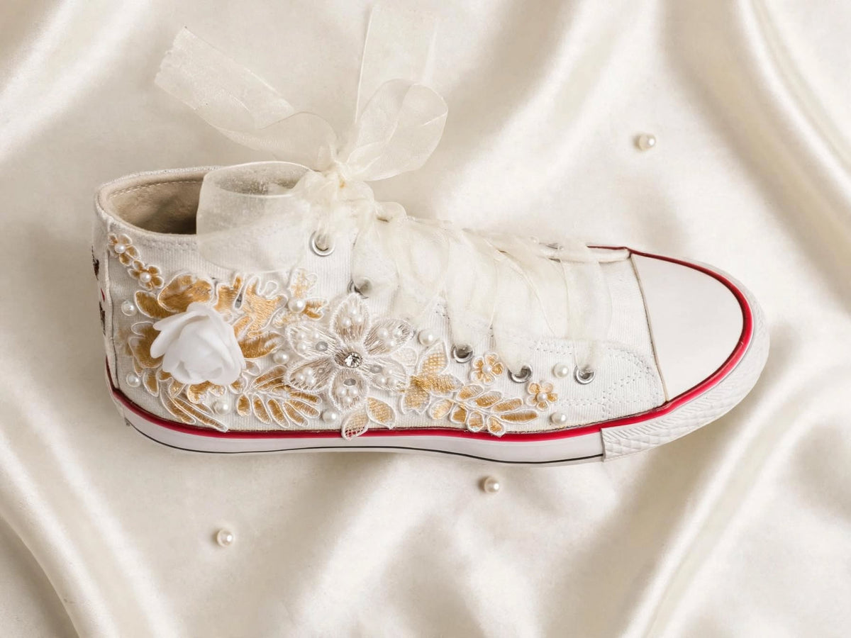 Customized Bridal Sneakers with Name initials / wedding date– Wedding Shoes for Bride/ white floral sneakers