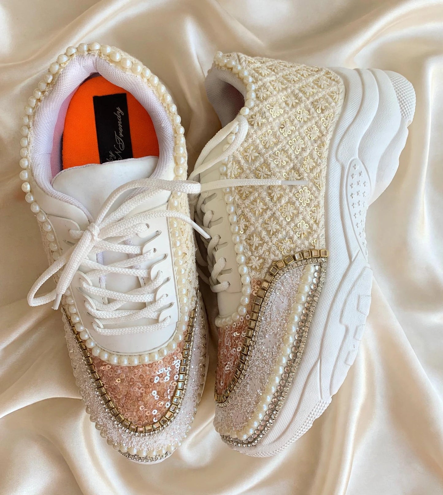 FUNKY N TRENDY ivory and tan peach sneakers with pearl detailing for brides / bridesmaids/ ivory sneakers / beige sneakers / tan peach shoes/ rose gold sneakers / rose gold shoes