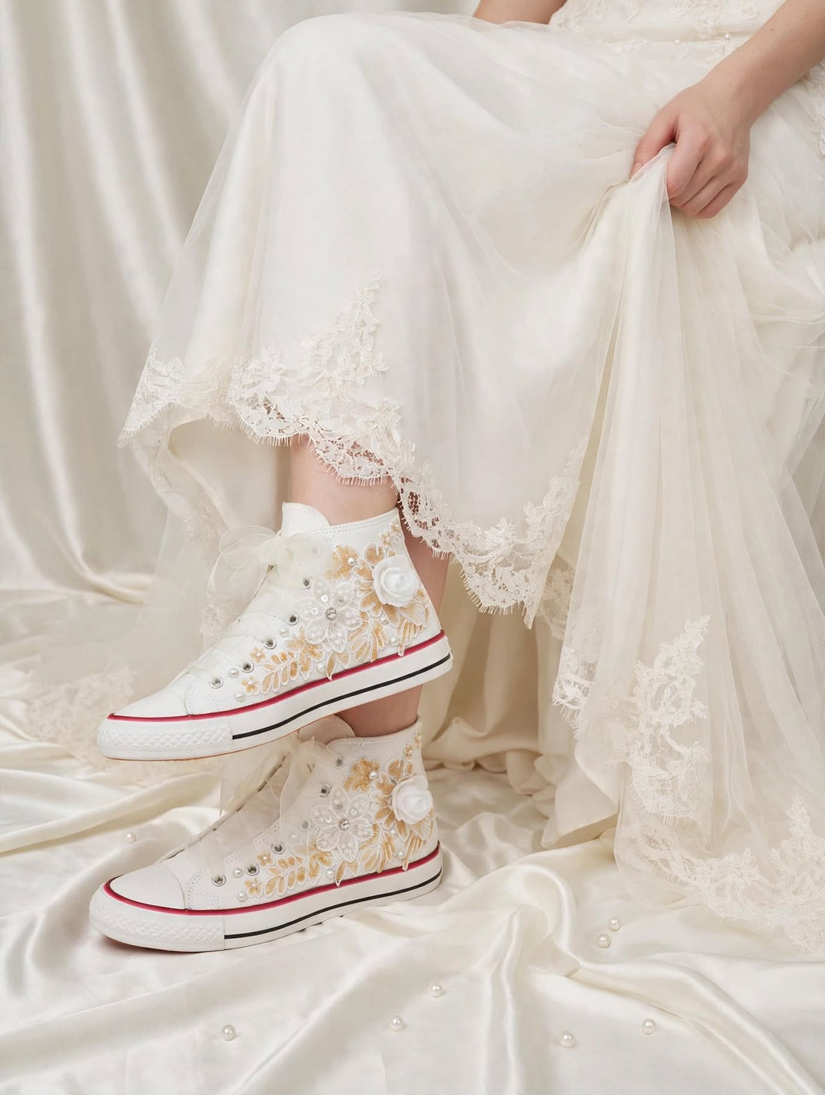 Customized Bridal Sneakers with Name initials / wedding date– Wedding Shoes for Bride/ white floral sneakers