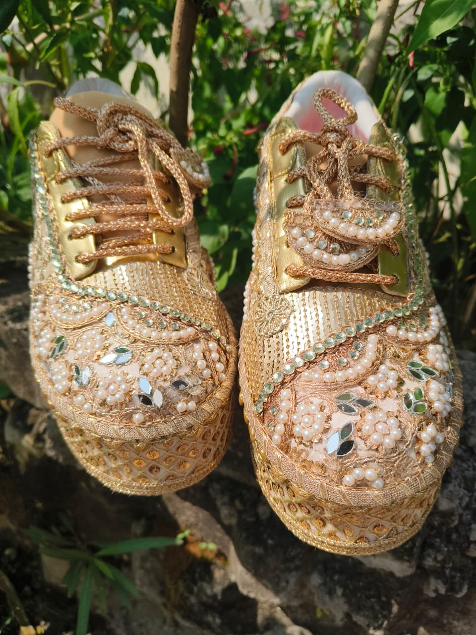 FUNKY N TRENDY Gold bridal sneakers - wedge sneakers heeled sneakers/ golden sneakers