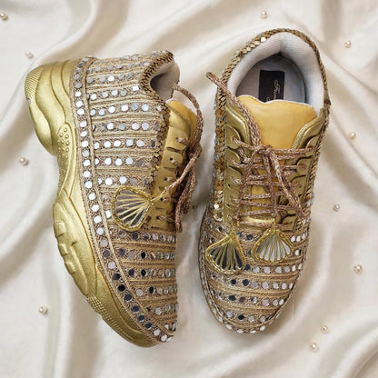 Golden Mirror – Bridal Sneakers with Dual Latkans | Gold Chunky Sneakers for Sangeet