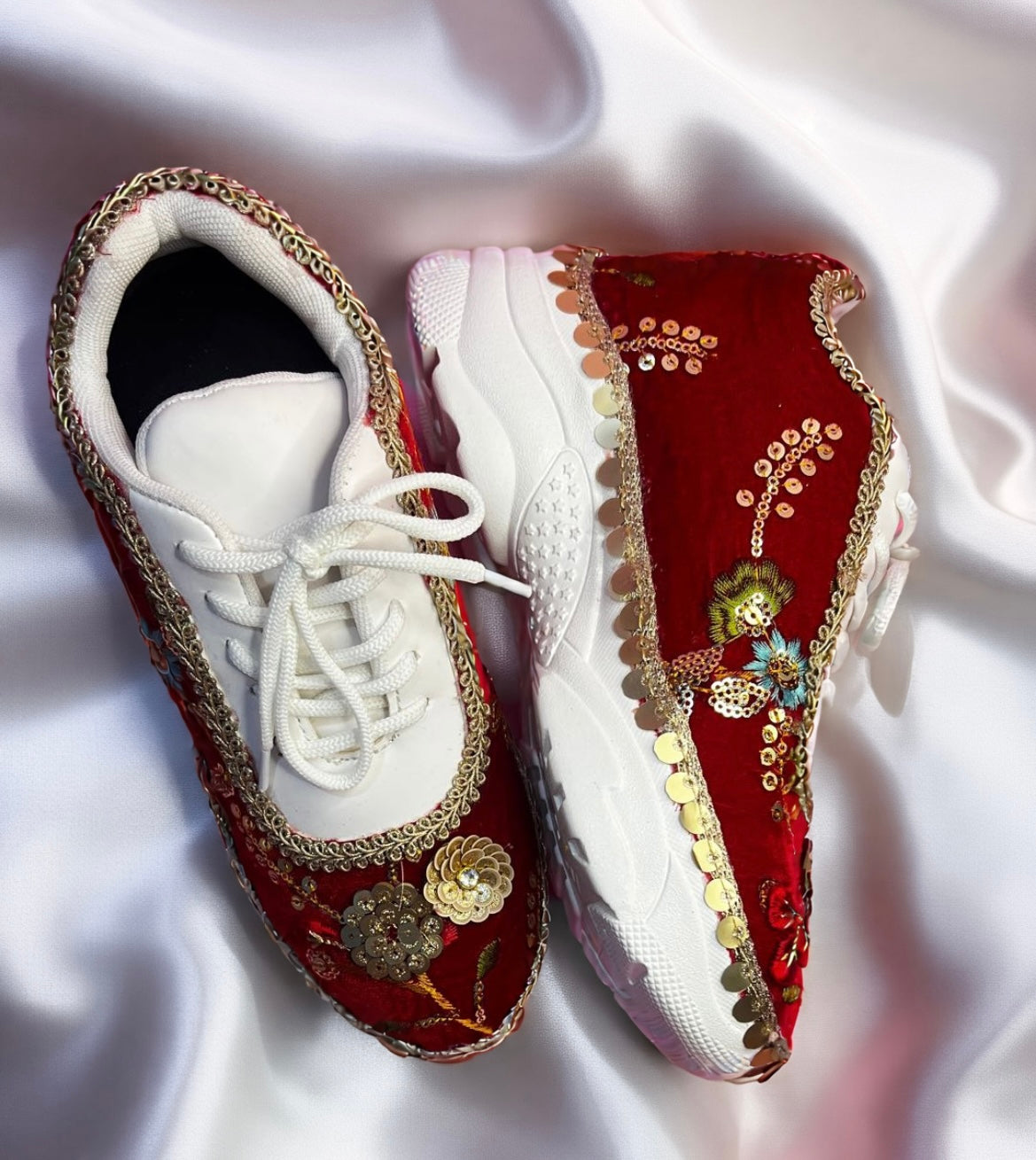 Funky N Trendy Red Bridal sneakers - floral embroidered sneakers for brides