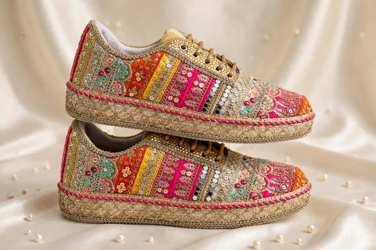 Handcrafted Mirror Work Bridal Sneakers | Indian Wedding Sneakers with Gota Patti Embroidery