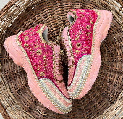 FUNKY N TRENDY peach/pink / pink embroidery sneakers with pearls detailing for brides / bridesmaids with custom couple name initials/ pink shoes / peach shoes/ rani color sneakers