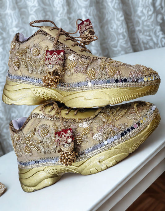 Funky N Trendy hand crafted golden bridal sneakers bridesmaid sneakers/ gold sneakers / golden sneakers / mirror sneakers/hand embroidered sneakers