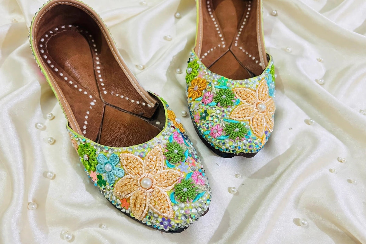 FUNKY N TRENDY “Green Pastel Garden Handcrafted Juttis – Floral Magic” - Green Carnival juttis