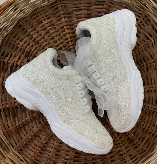 Funky N Trendy white glitter work sneakers with pearl detailing / bridal sneakers/ sneaker for bride / white sneakers/ glitter sneakers for bride