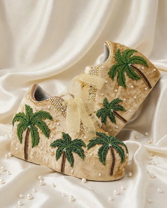 FUNKY N TRENDY Hand embroidered Tree theme sneakers - wedge sneakers heeled sneakers/ gold sneakers