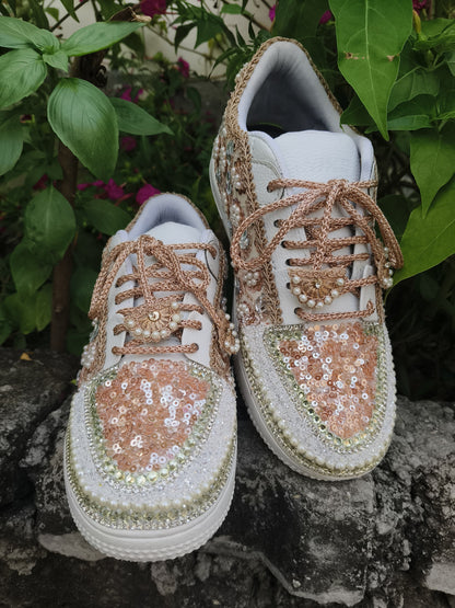FUNKY N TRENDY rose gold/ tan peach/gold sneakers with pearl detailing for brides / bridesmaids/ ivory sneakers / beige sneakers / tan peach shoes/ rose gold sneakers / rose gold shoes