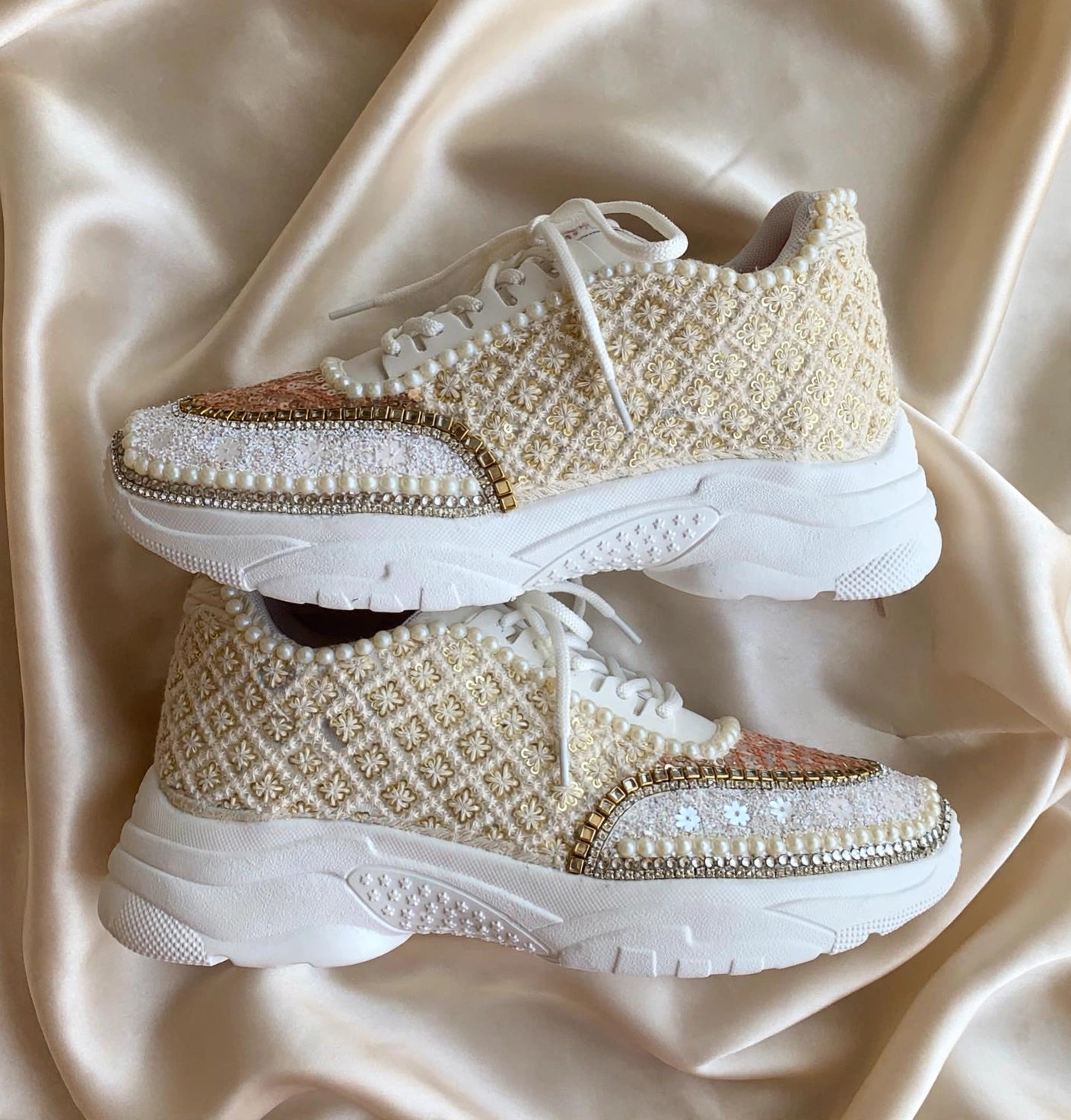 FUNKY N TRENDY ivory and tan peach sneakers with pearl detailing for brides / bridesmaids/ ivory sneakers / beige sneakers / tan peach shoes/ rose gold sneakers / rose gold shoes