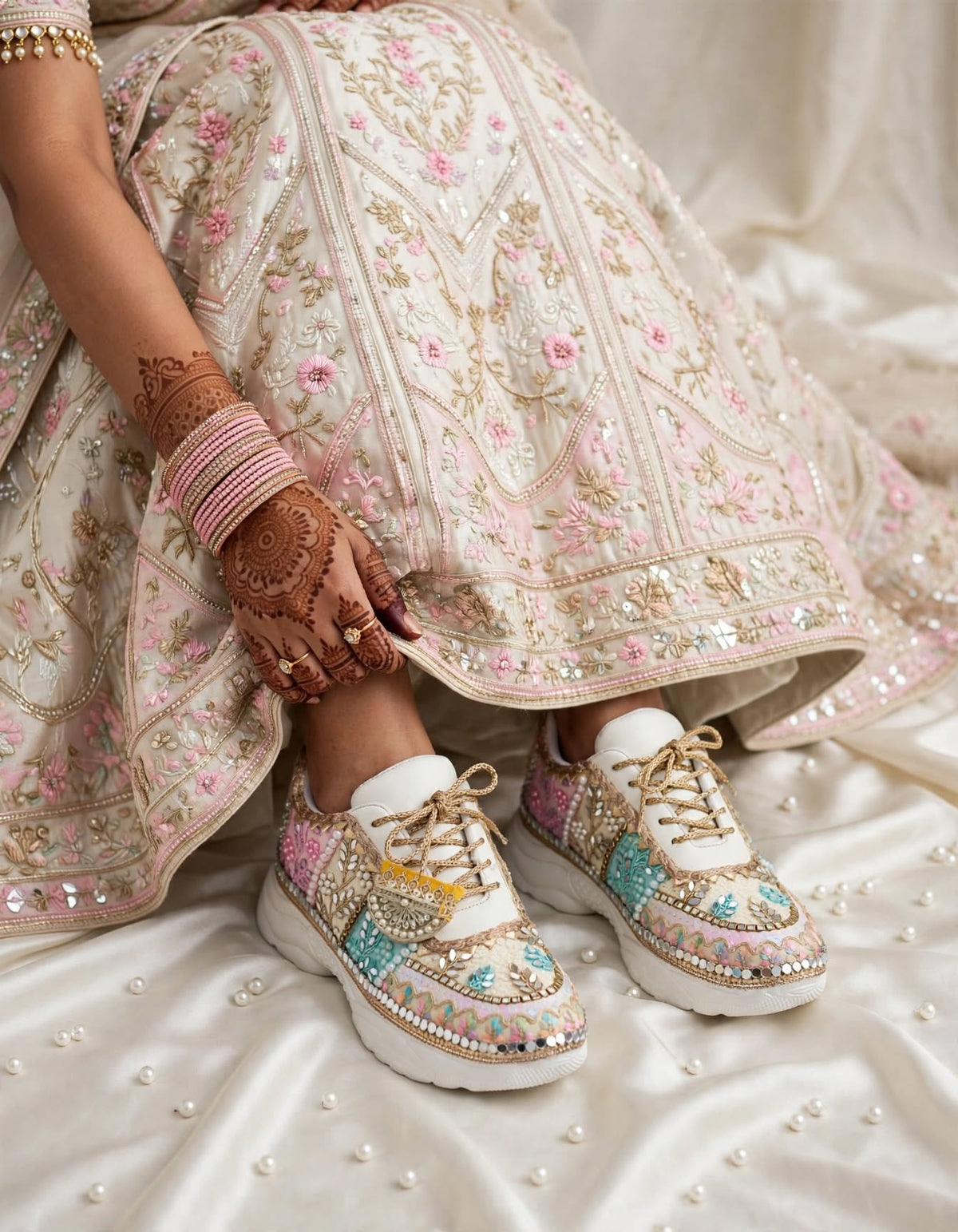 RANG RAAS - Multicolor Hand Embroidered Bridal Sneakers | Mirror Sequin Pearl Wedding Sneakers