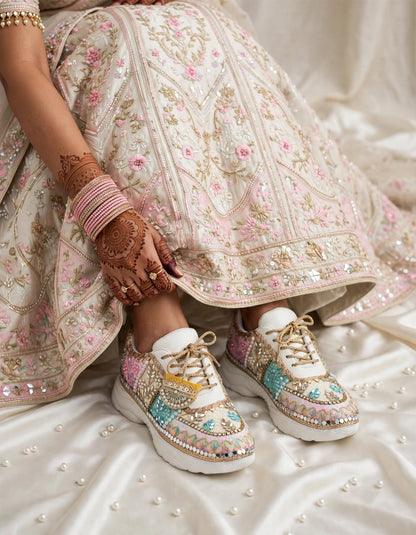 RANG RAAS - Multicolor Hand Embroidered Bridal Sneakers | Mirror Sequin Pearl Wedding Sneakers
