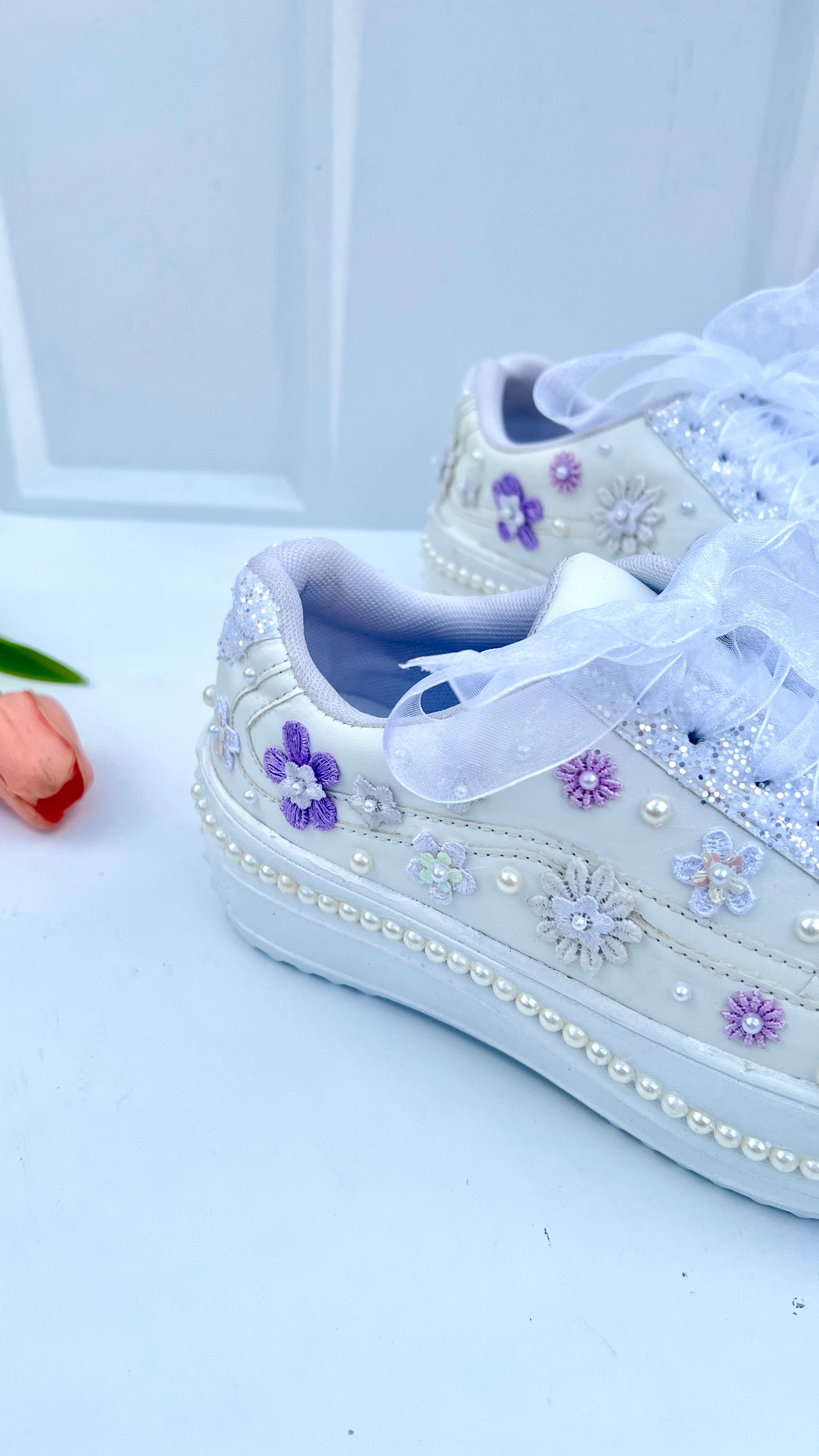 Funky N Trendy white pearl work sneakers with purple / lavender floral detailing / pearl sneakers