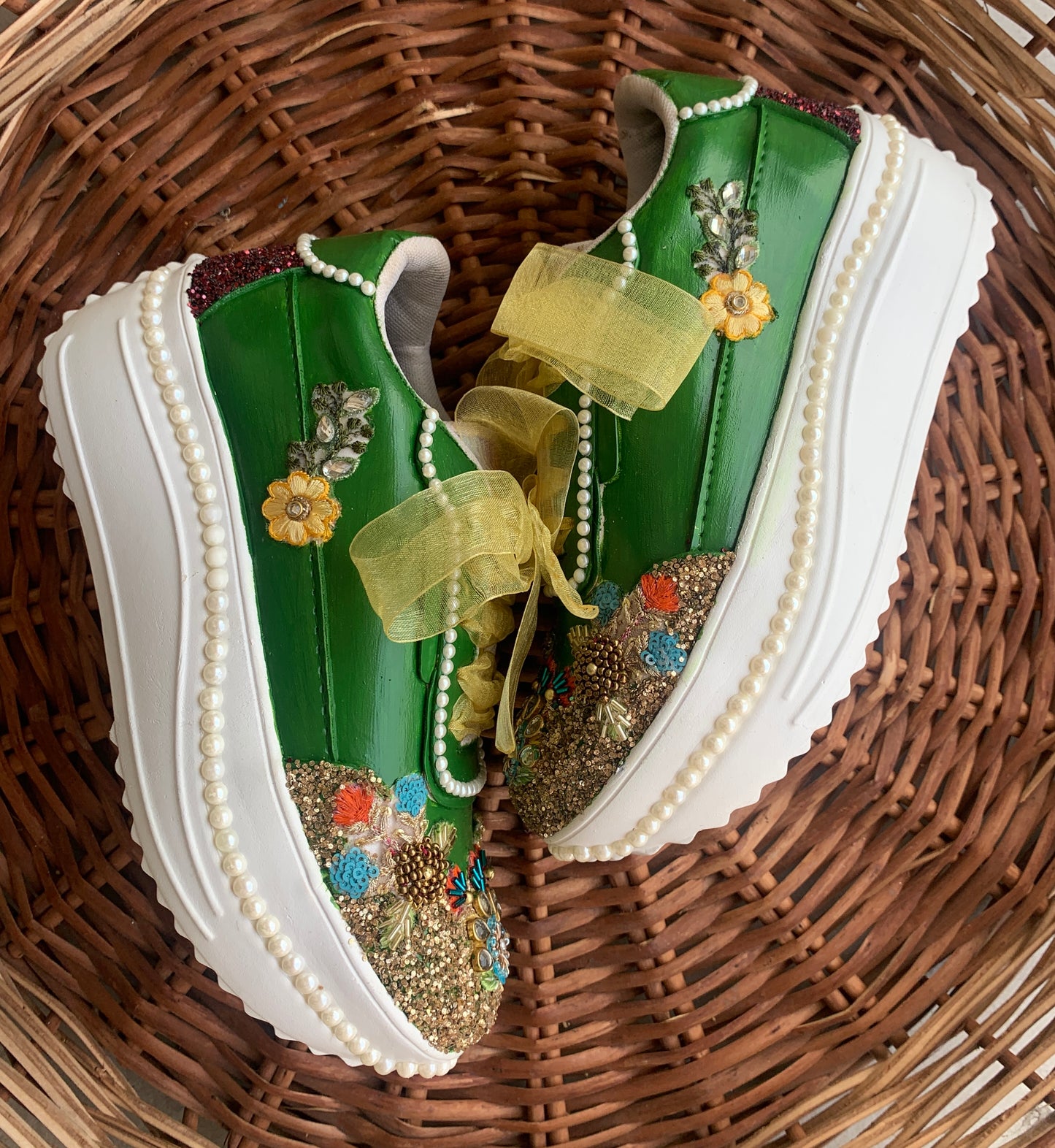 FUNKY N TRENDY green sneakers for brides /gold and green embroidered sneakers/ handcrafted sneakers/ golden sneakers / bridal sneakers / bridesmaid sneakers/ golden hand work sneakers/green sneakers