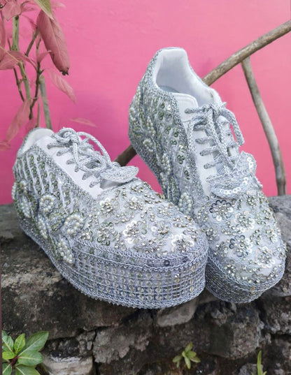 FUNKY N TRENDY Silver Mirror sequine work sneakers - wedge sneakers heeled sneakers/ silver sneakers