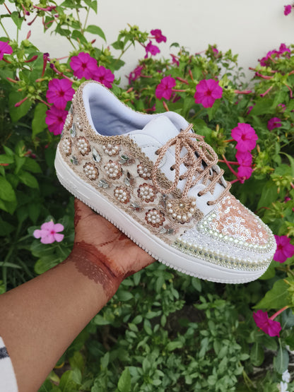 FUNKY N TRENDY rose gold/ tan peach/gold sneakers with pearl detailing for brides / bridesmaids/ ivory sneakers / beige sneakers / tan peach shoes/ rose gold sneakers / rose gold shoes